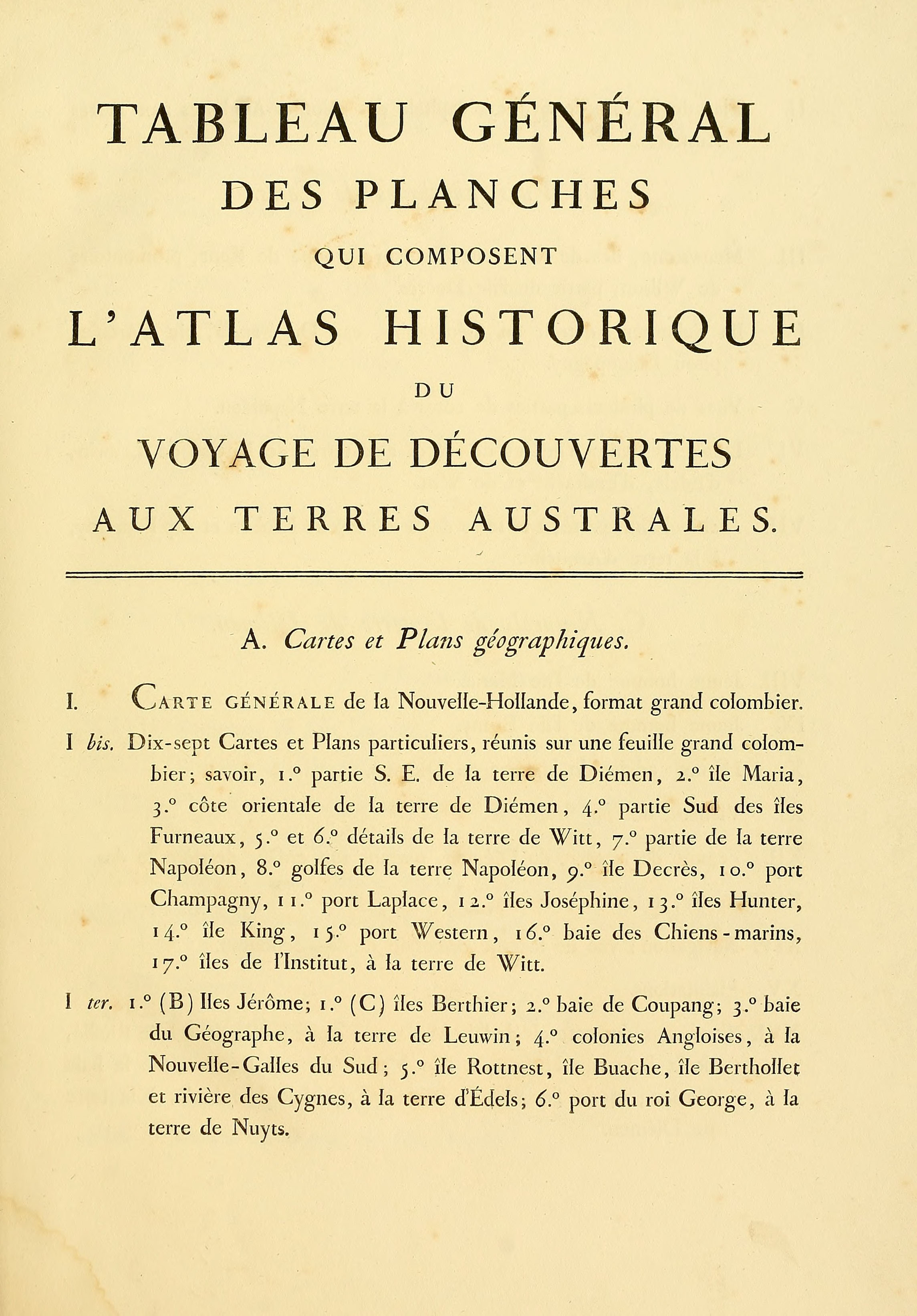 Atlas 1807, Lesueur et Petit, Voyage aux Terres Australes, index 1