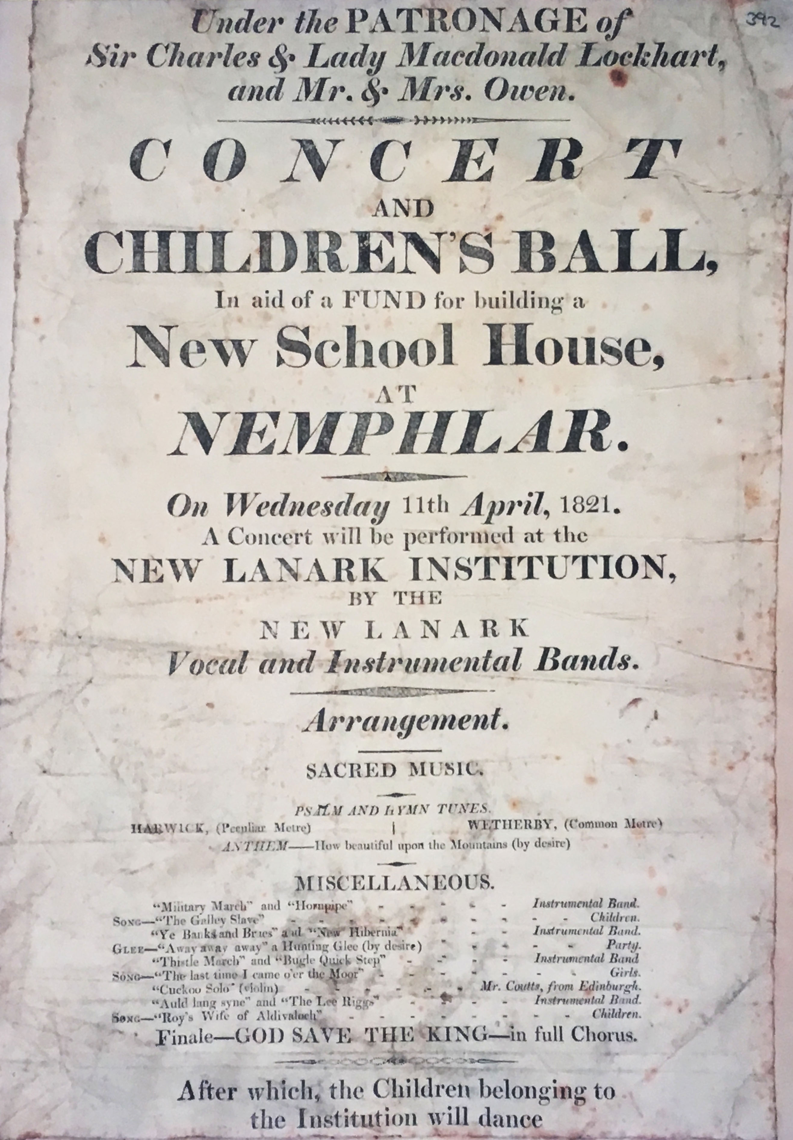 Invitation for a fundraiser concert at New Lanark (1821), photograph by Ritsert Rinsma